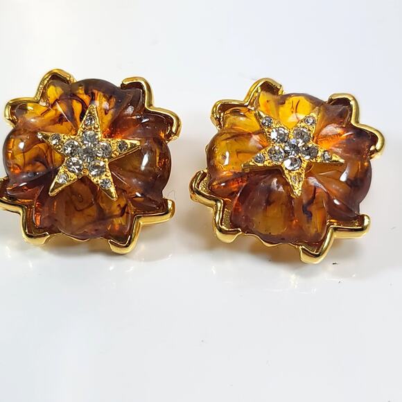 Vintage Amber and Gold Clip-On Earrings, Rhinestone Star Accent, Retro Jewelry - Picture 1 of 10